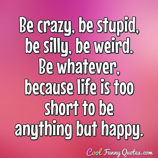 Be crazy, be stupid, be silly, be weird. Be whatever, because life is too short to be anything but happy. - Anonymous