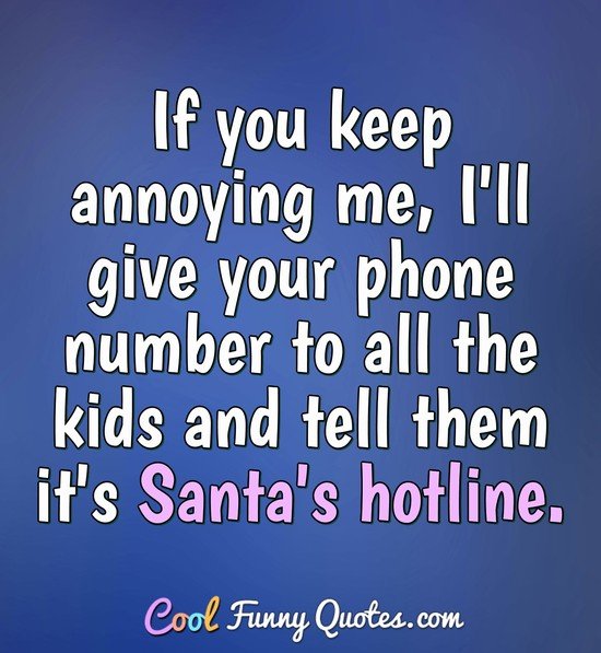 If you keep annoying me, I'll give your phone number to all the kids and tell them it's Santa's hotline. - Anonymous