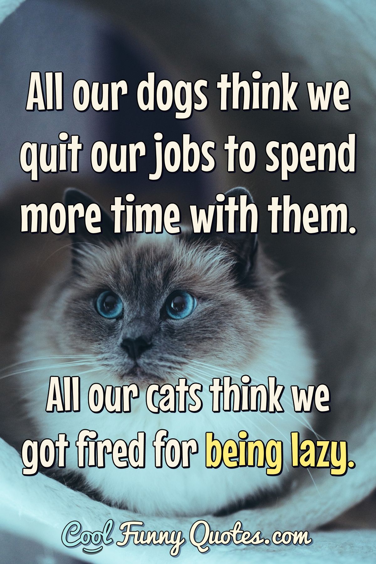 All our dogs think we quit our jobs to spend more time with them. All our cats ... All our dogs think we quit our jobs to spend more time with them. All our cats ...