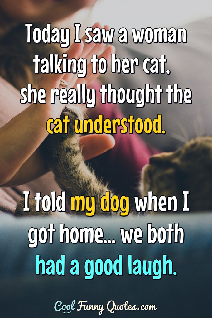 Today I saw a woman talking to her cat, she really thought the cat understood. I told my dog when I got home... we both had a good laugh. - Anonymous