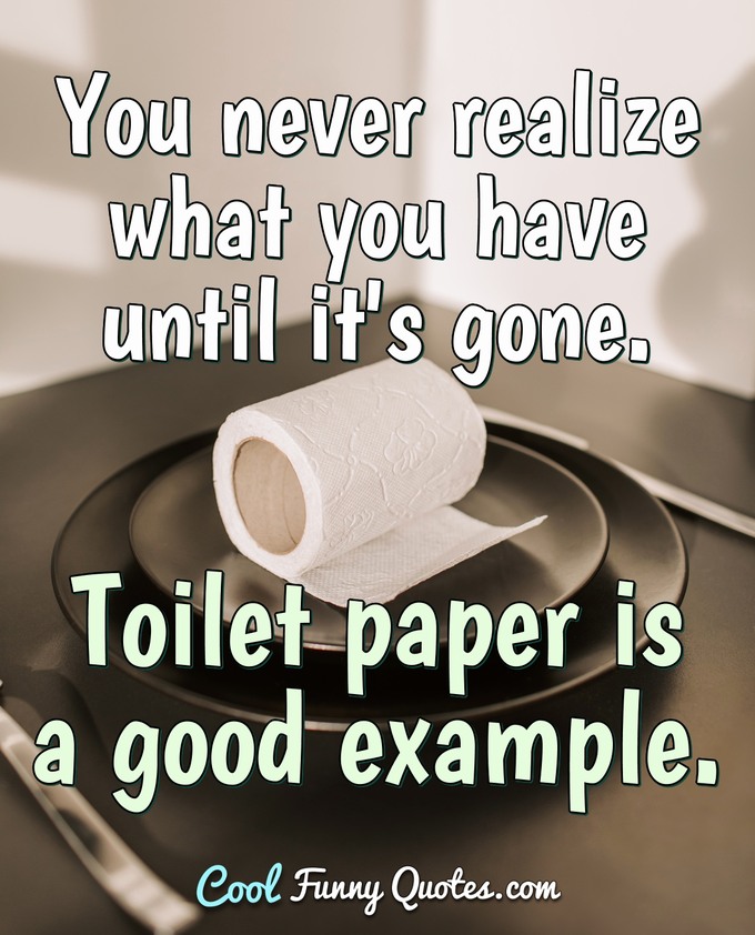 You never realize what you have until it's gone. Toilet paper is a good example. - Anonymous