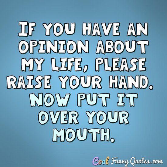 If you have an opinion about my life, please raise your hand. Now put it over your mouth. - Anonymous