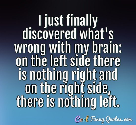 I just finally discovered what's wrong with my brain: on the left side there is nothing right and on the right side, there is nothing left. - Anonymous
