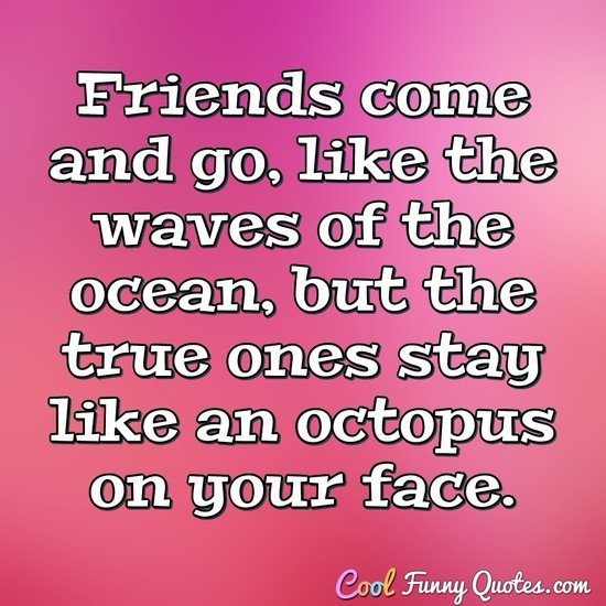 Friends come and go, like the waves of the ocean, but the true ones stay like an octopus on your face. - Anonymous