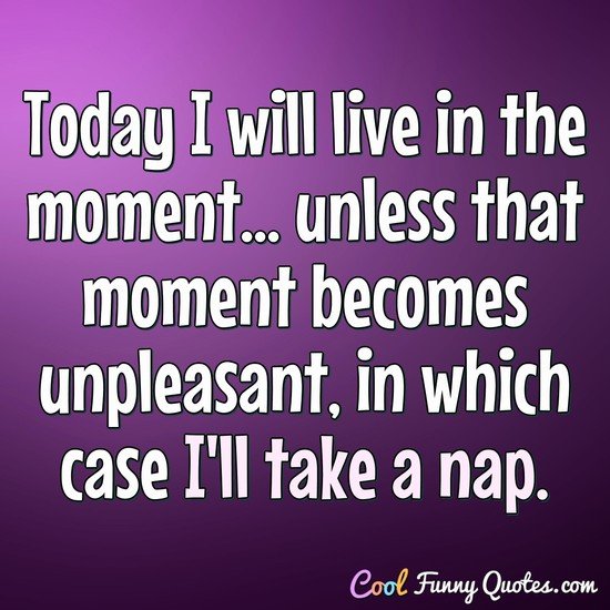 Today I will live in the moment... unless that moment becomes unpleasant, in which case I'll take a nap. - Anonymous