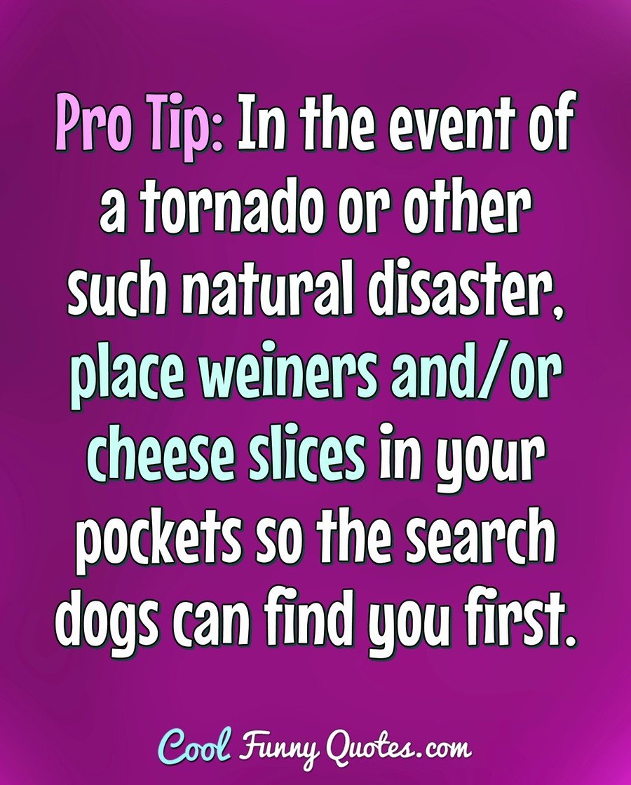 Pro Tip: In the event of a tornado or other such natural disaster, place weiners and/or cheese slices in your pockets so the search dogs can find you first. - Anonymous